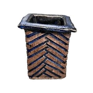 Handmade Pottery Vase Pen Holder 3" Tall Rectangular Abstract Rustic Blue Brown